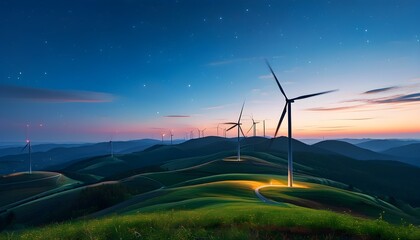 Wall Mural - Starry night sky above wind turbines in a serene hilly countryside landscape