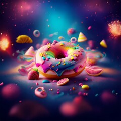 Poster - A colorful glazed donut with sprinkles sits on a dark blue surface surrounded by confetti and other treats.