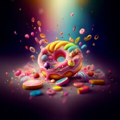 Poster - A colorful donut with pink frosting is surrounded by sprinkles, candy, and fruit.