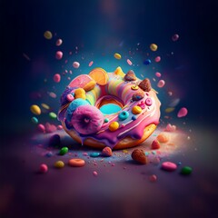 Poster - A colorful donut with various toppings, including fruit, sprinkles, and candies, is surrounded by scattered candy against a dark blue background.