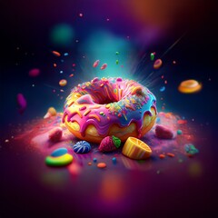 Poster - A colorful donut with sprinkles and pink frosting is surrounded by colorful candy and fruit on a purple background.