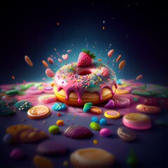 Poster - A glazed donut topped with sprinkles and a strawberry is surrounded by a scattering of colorful candies against a dark blue background.