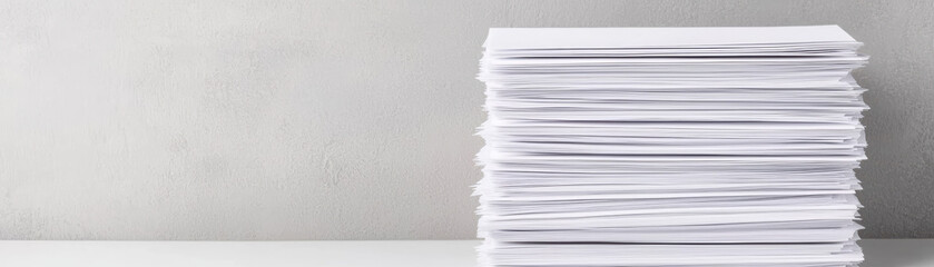 Poster - Stack of white paper sheets on a gray background, perfect for office, business, education and document management concepts.
