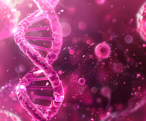 Wall Mural - pink background with DNA helix and one large cell, glowing pink bubbles around the cells