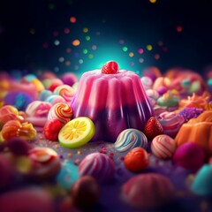 Poster - A large pink and purple candy, resembling a pudding or jelly, sits on a bed of colorful candy.