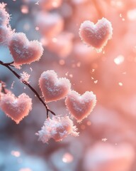 Poster - Frosted heart shapes hanging from a branch in a dreamy setting.