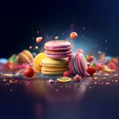 Aufkleber - A stack of macarons with a pink and yellow color scheme with lemons and strawberries on a dark background.