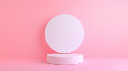 Poster - Minimalist abstract scene with pink pedestal and floating circle, perfect for product display or design background.