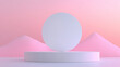 © tonstock - Minimalist   of a white geometric shape on a podium with a pastel pink background and smooth hills, creating a serene and modern aesthetic.