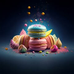Poster - A blue and pink macaron sandwich sits atop other colourful pastries, surrounded by sprinkles and a dark blue background.