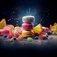 Aufkleber - A stack of colorful macarons sits on a dark blue surface, surrounded by scattered candies, fruits and sprinkles.