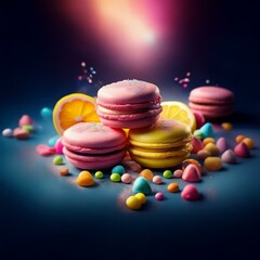 Aufkleber - Sweet treats, colorful candies, and citrus fruit on a dark background.