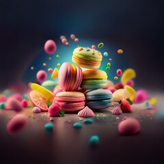Poster - Colorful macarons and other sweets are scattered on a table with a dark background.