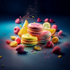 Aufkleber - Macarons stacked with lemon slices and small colorful candies against a dark blue background.