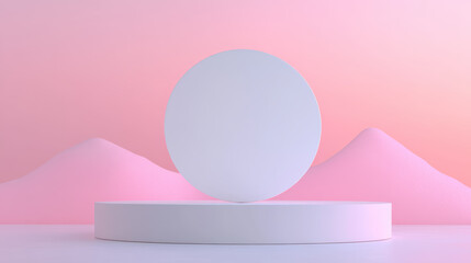 Poster - minimalist of a white geometric shape on a podium with a pastel pink background and smooth hills, cr