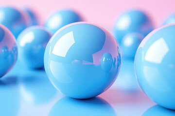 Poster - Close-up of shiny blue spheres reflecting light on a smooth surface, set against a pastel pink background, creating a modern and playful vibe.