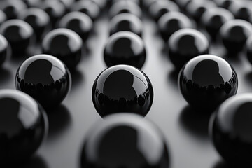 Poster - Close-up of glossy black spheres in a grid pattern, reflecting light on a smooth surface, creating a modern and abstract visual appeal.