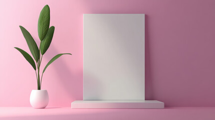 Poster - Minimalist composition with a blank white canvas on a shelf, accompanied by a potted plant against a pink wall, ideal for modern interior design.
