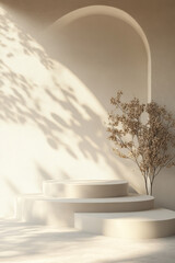 Poster - Elegant minimalist interior with natural light and archway casting shadows on stairs. Dried branches add a touch of nature to the serene space.