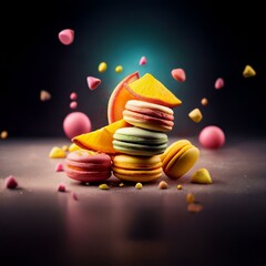 Poster - A stack of colorful macarons with a slice of orange on top, surrounded by scattered pieces of candy.