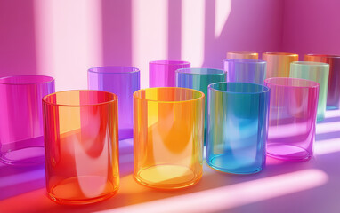Poster - Colorful glass cylinders aligned in vibrant sunlight, casting colorful shadows on the pink background, creating a playful and artistic scene.