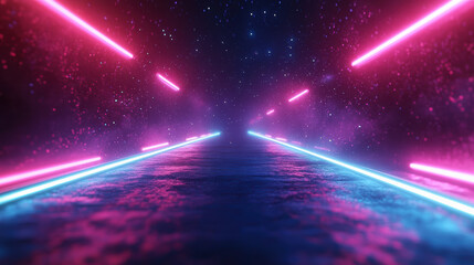 Poster - Futuristic neon-lit corridor with glowing pink and blue lights reflecting on the water surface, creating a vibrant and immersive sci-fi atmosphere.