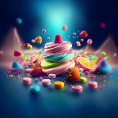 Poster - A whimsical tower of colorful candies and fruit with sprinkles and other sweet treats scattered around.
