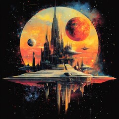 Sticker - Futuristic cityscape with planets and stars in a cosmic setting.