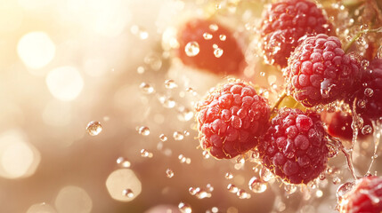 Fresh raspberries being washed with water droplets in a soft sunlight glow