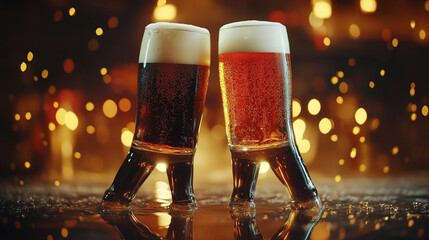 Two uniquely designed beer glasses clink together in celebration at a festive gathering