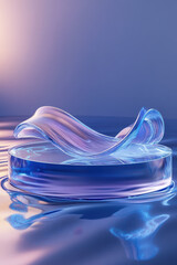 Poster - Translucent swirling abstract shape on a circular platform against a gradient background symbolizes modern, innovative, and futuristic concepts.