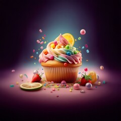Poster - A colorful cupcake with a swirl of frosting, lemon slice, and candy sprinkles.