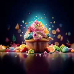 Poster - A colorful cupcake with pink, yellow, and blue frosting is surrounded by sprinkles, fruit, and other sweets on a dark background.