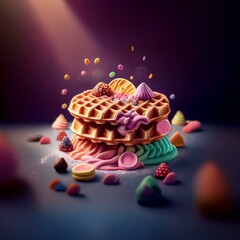 Poster - A stack of waffles with colorful toppings and candy scattered around it.