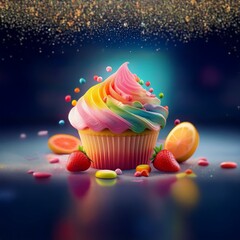 Aufkleber - A rainbow cupcake with sprinkles, a lemon slice, two strawberries, and colorful candies against a dark blue background with blurred golden lights.
