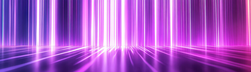 Poster - Vibrant neon lights casting purple and pink hues create a futuristic atmosphere with glowing vertical lines on a reflective surface.
