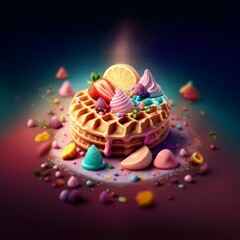 Poster - A waffle with various toppings, including strawberries, lemon, and colorful candy, sits on a dark purple background.
