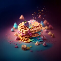 Poster - A stack of waffles topped with a swirl of pink and blue icing, a strawberry, and a lemon slice, with sprinkles and other colorful pieces flying around it.