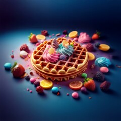 Poster - A crispy waffle topped with colorful swirls of whipped cream and surrounded by fresh fruit and candy on a deep blue background.