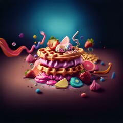 Poster - A stack of waffles with a pink and blue gradient.  The waffles are topped with fruit, candy, and sprinkles.