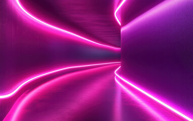 Poster - Futuristic neon pink hallway with curved walls and glowing lights, creating an abstract, modern ambiance ideal for digital backdrops and creative projects.