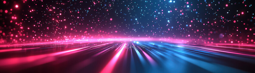 Poster - Futuristic neon lights create a dynamic starry background with vibrant pink and blue glowing trails, offering a sense of speed and digital innovation.