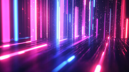 Poster - vibrant abstract neon light beams in motion, creating a futuristic digital landscape with glowing pi