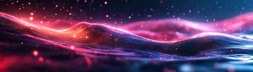 Poster - abstract digital landscape with vibrant waves and particles, showcasing a colorful spectrum in motio