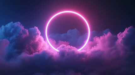 Poster - Neon glowing circle in the middle of purple and pink clouds against a dark background, creating a mystical and futuristic atmosphere.