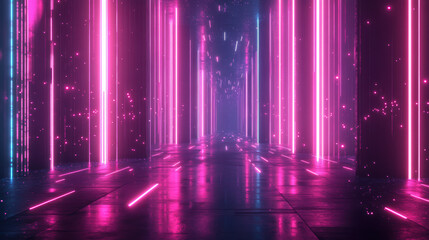 Poster - Futuristic neon-lit corridor with purple and pink lights, creating a vibrant and modern atmosphere. Perfect for tech, sci-fi, and digital concepts.