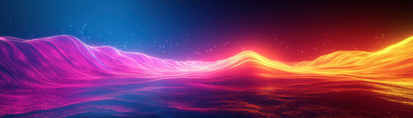 Poster - Vibrant digital landscape with neon waves and sparkling particles, creating an abstract and futuristic atmosphere.