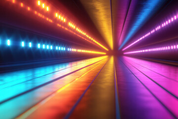 Poster - Vibrant abstract tunnel of colorful lights in motion, creating a futuristic neon atmosphere with a sense of dynamic energy and depth.