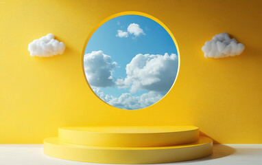 Poster - Bright yellow interior with a circular window showcasing a serene blue sky and fluffy white clouds. Minimalistic design with two small clouds on the wall.