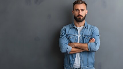 Wall Mural - A Man in a Blue Denim Jacket with Arms Crossed Standing Against a Gray Wall